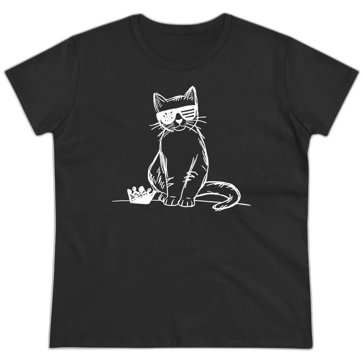 Patriotic Cat with Star-Spangled Sunglasses Ladies Tee in Black