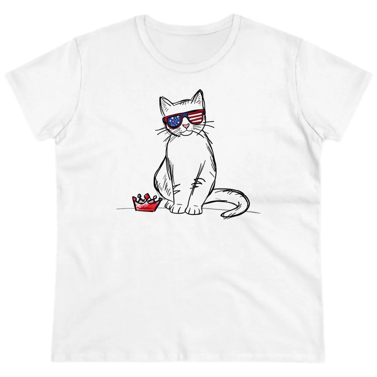 Patriotic Cat with Star-Spangled Sunglasses Ladies Tee in White