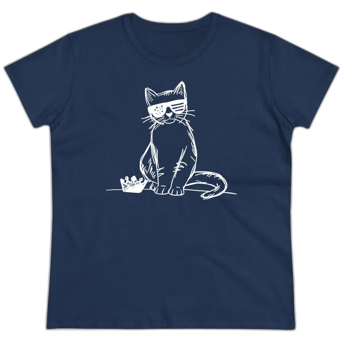 Patriotic Cat with Star-Spangled Sunglasses Ladies Tee in Navy