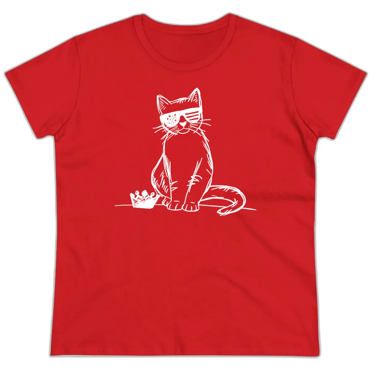 Patriotic Cat with Star-Spangled Sunglasses Ladies Tee in Red
