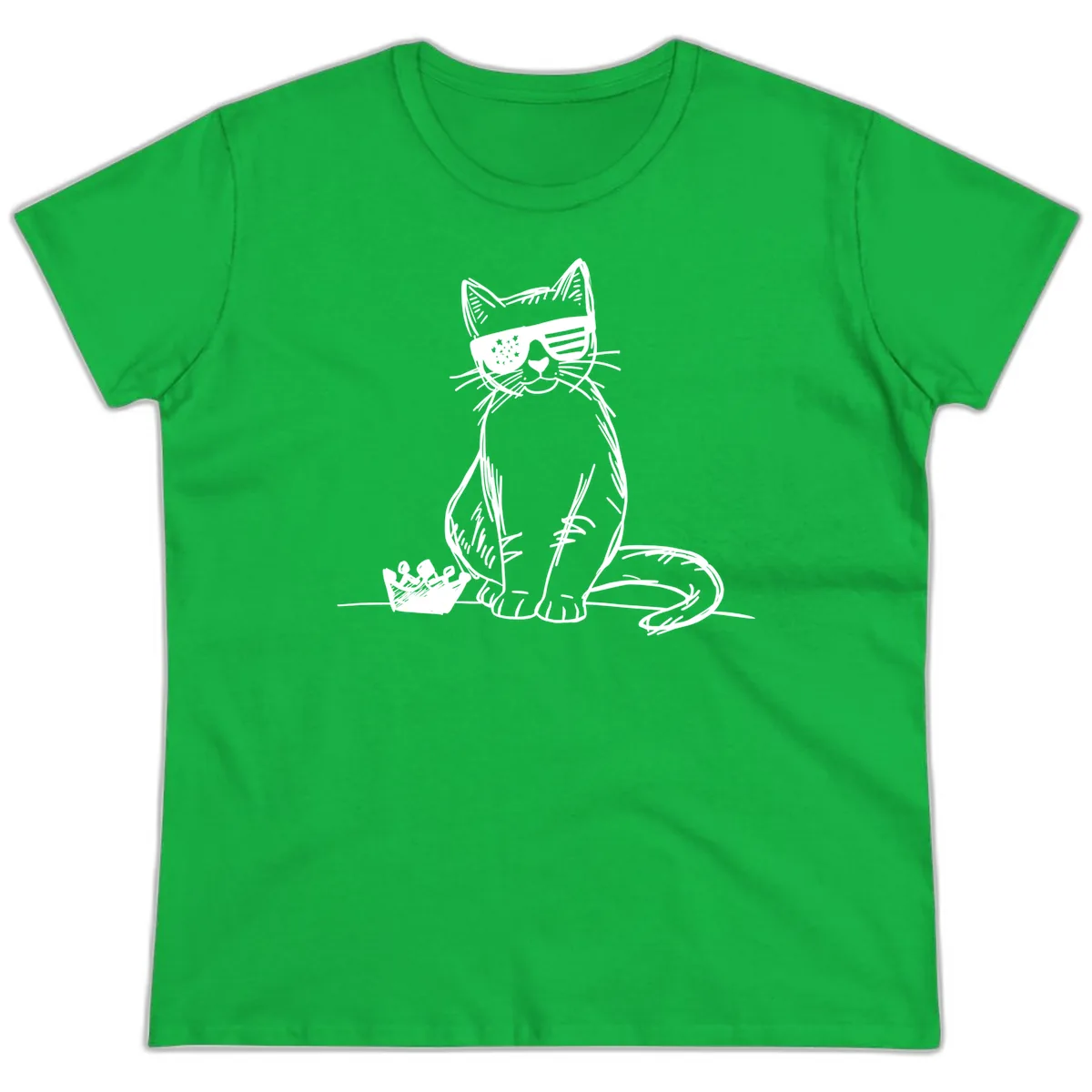 Patriotic Cat with Star-Spangled Sunglasses Ladies Tee in Irish Green