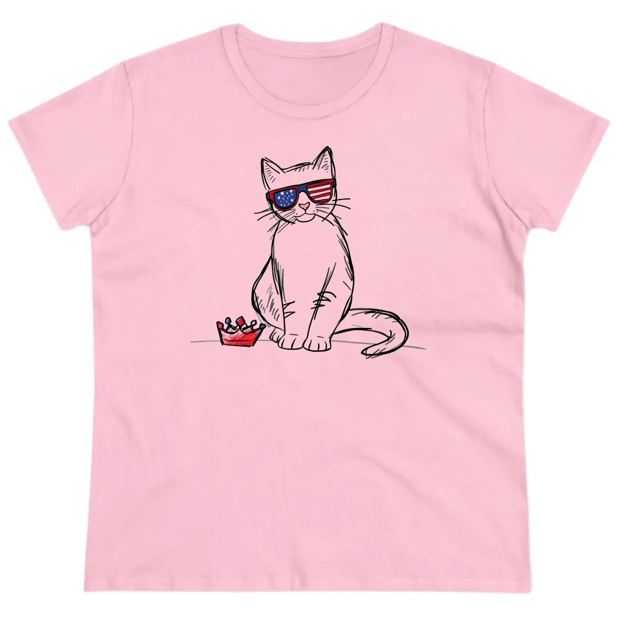 Patriotic Cat with Star-Spangled Sunglasses Ladies Tee in Light Pink