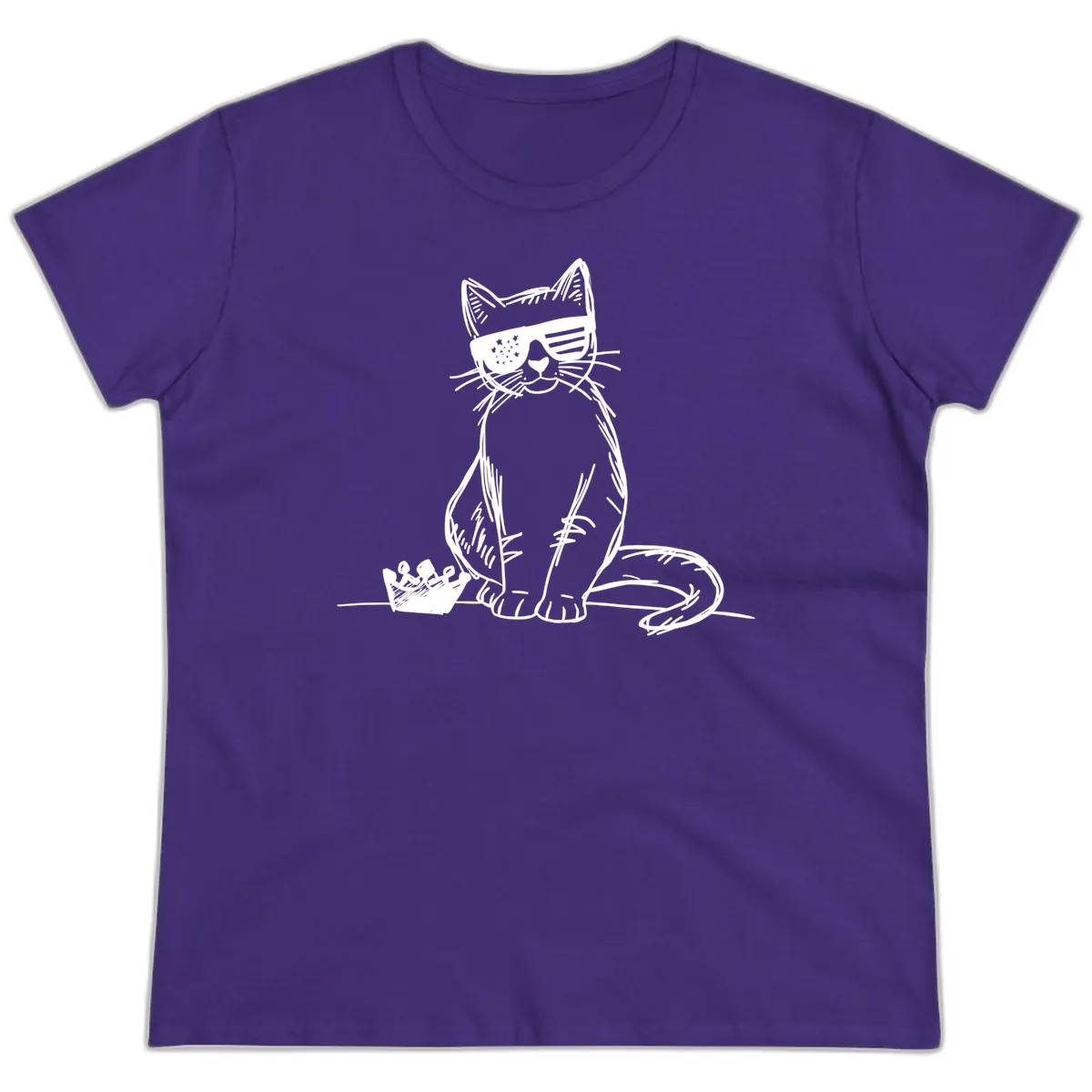 Patriotic Cat with Star-Spangled Sunglasses Ladies Tee in Purple