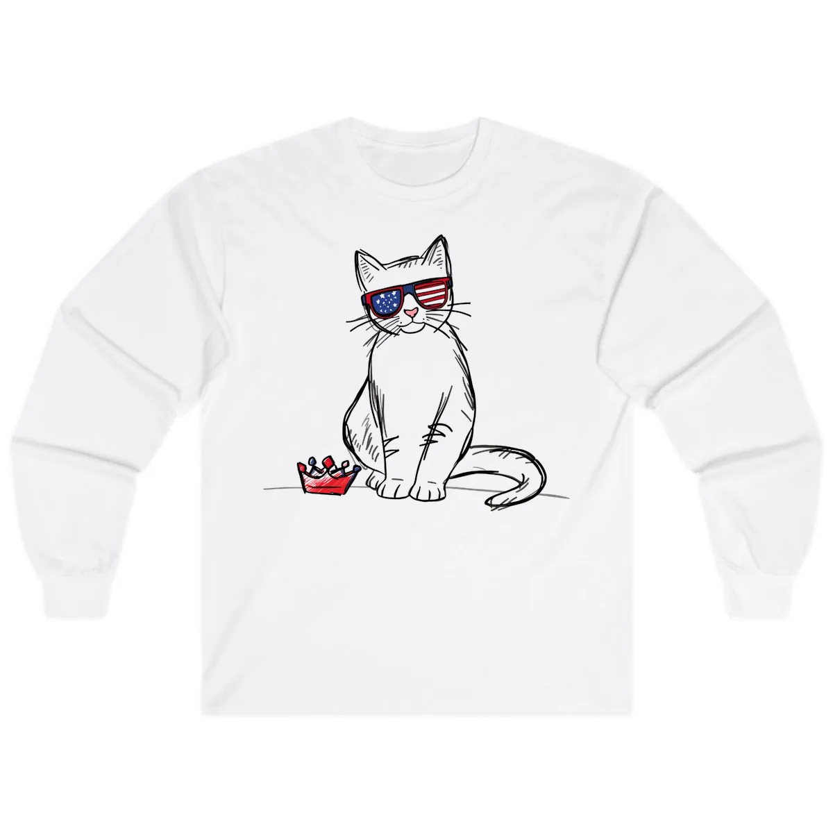Patriotic Cat with Star-Spangled Sunglasses Long Sleeve in White