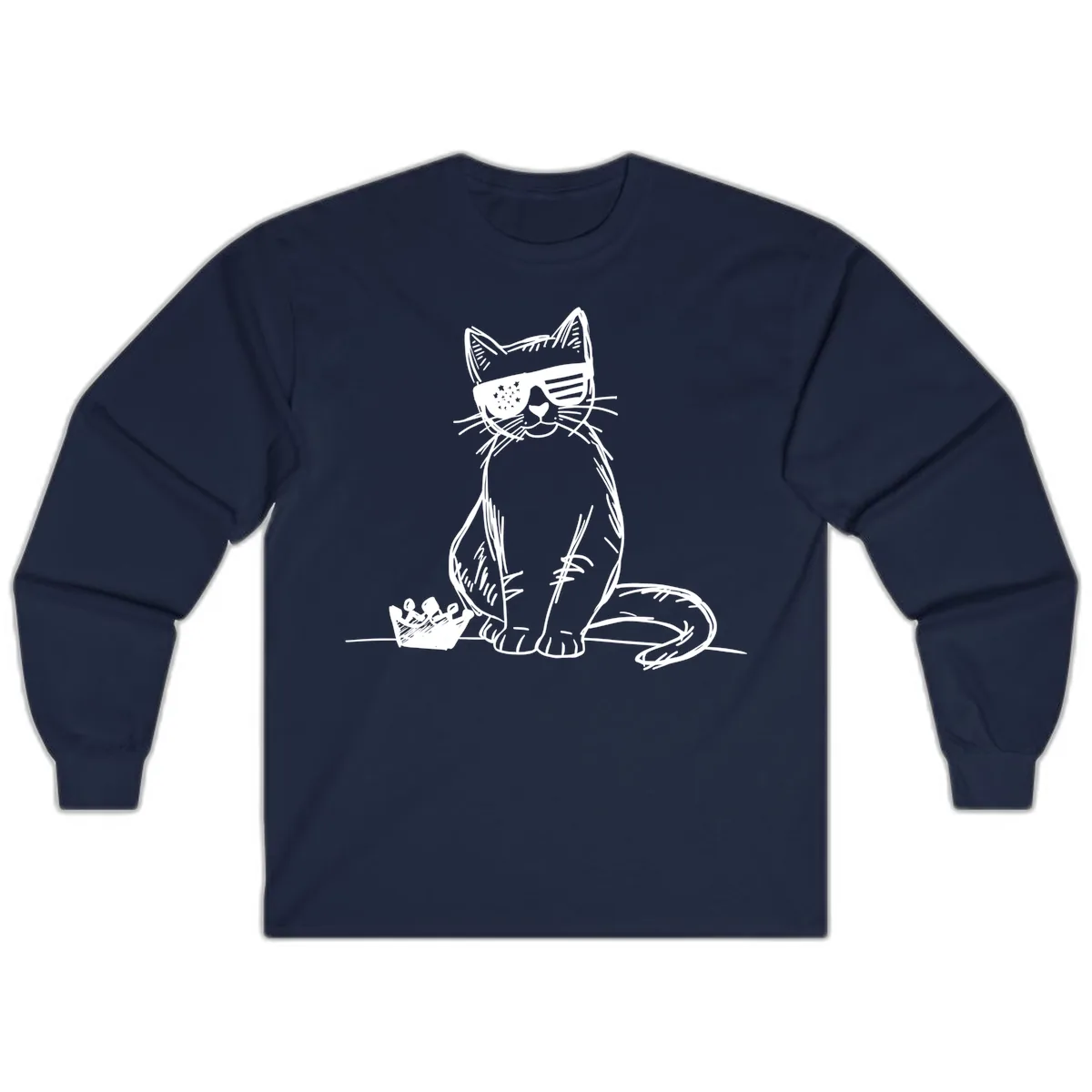 Patriotic Cat with Star-Spangled Sunglasses Long Sleeve in Navy
