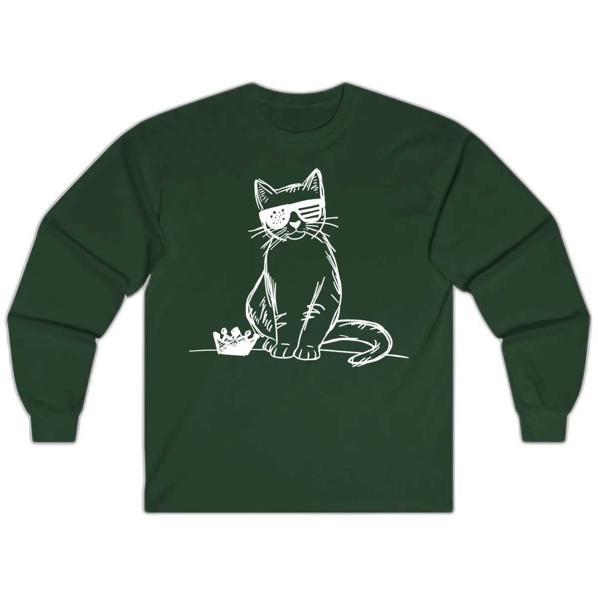 Patriotic Cat with Star-Spangled Sunglasses Long Sleeve in Forest Green