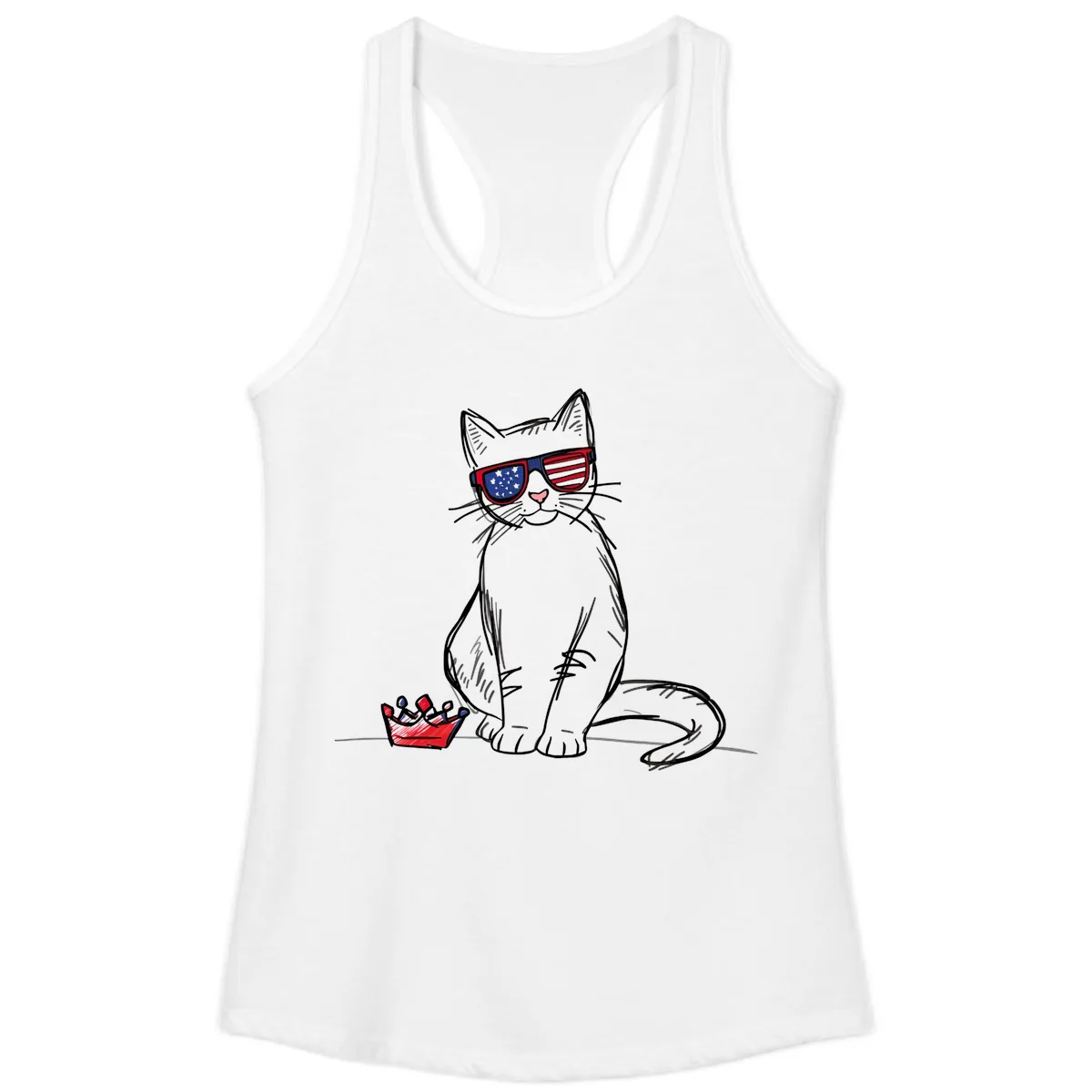 Patriotic Cat with Star-Spangled Sunglasses Ladies Tank in White