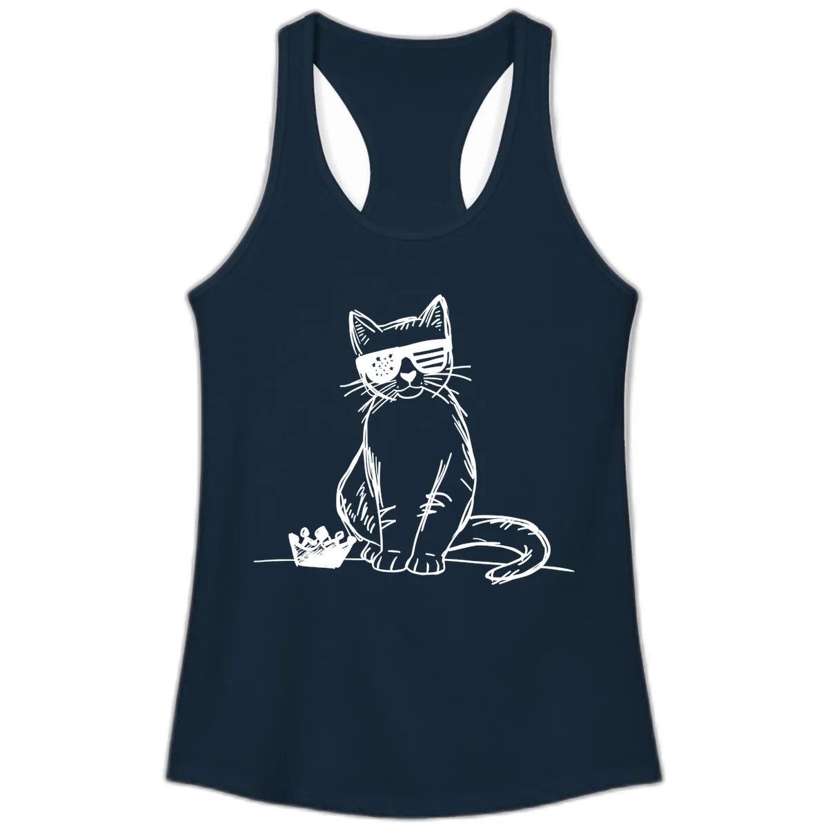 Patriotic Cat with Star-Spangled Sunglasses Ladies Tank in Solid Midnight Navy