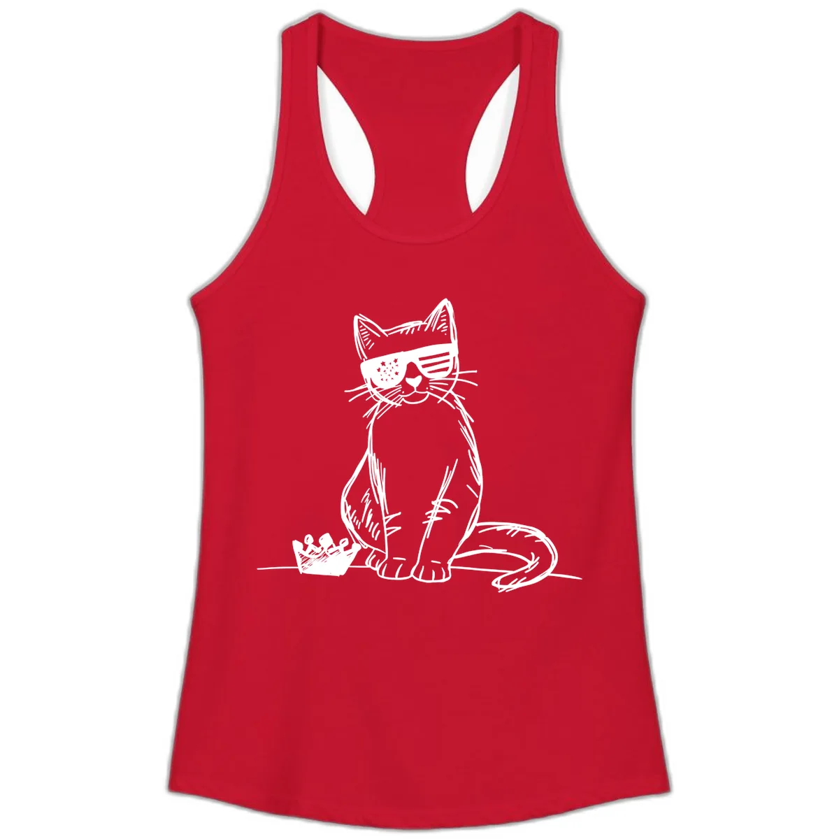 Patriotic Cat with Star-Spangled Sunglasses Ladies Tank in Solid Red