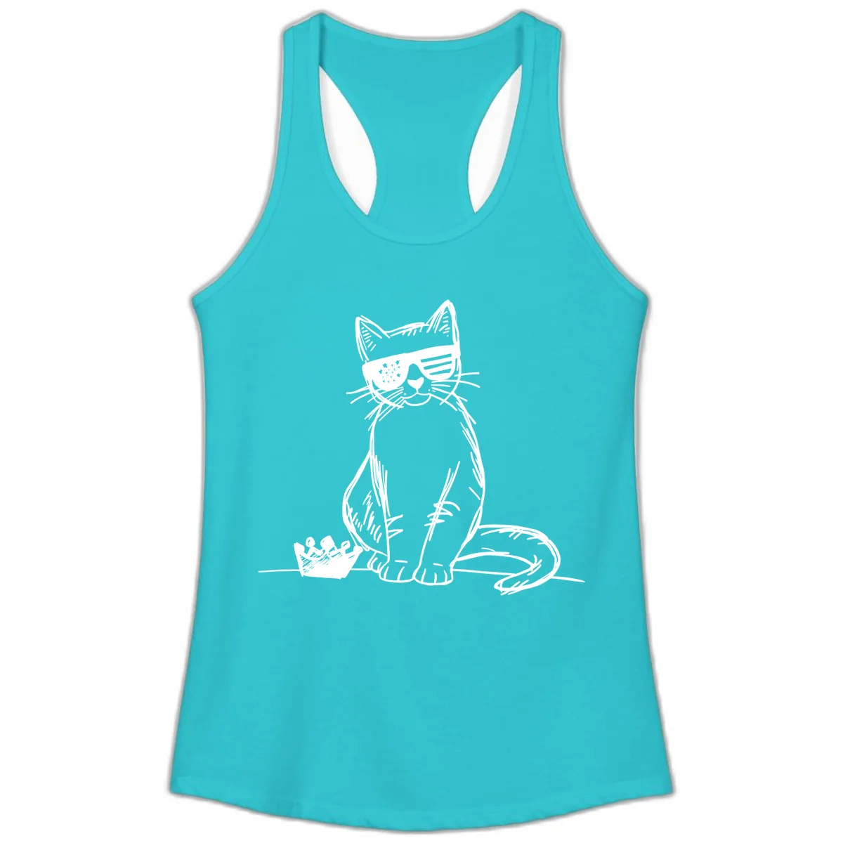 Patriotic Cat with Star-Spangled Sunglasses Ladies Tank in Solid Tahiti Blue