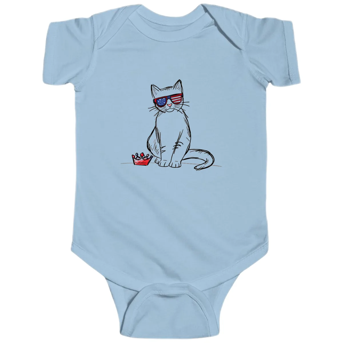 Patriotic Cat with Star-Spangled Sunglasses Baby Onesie in Light Blue
