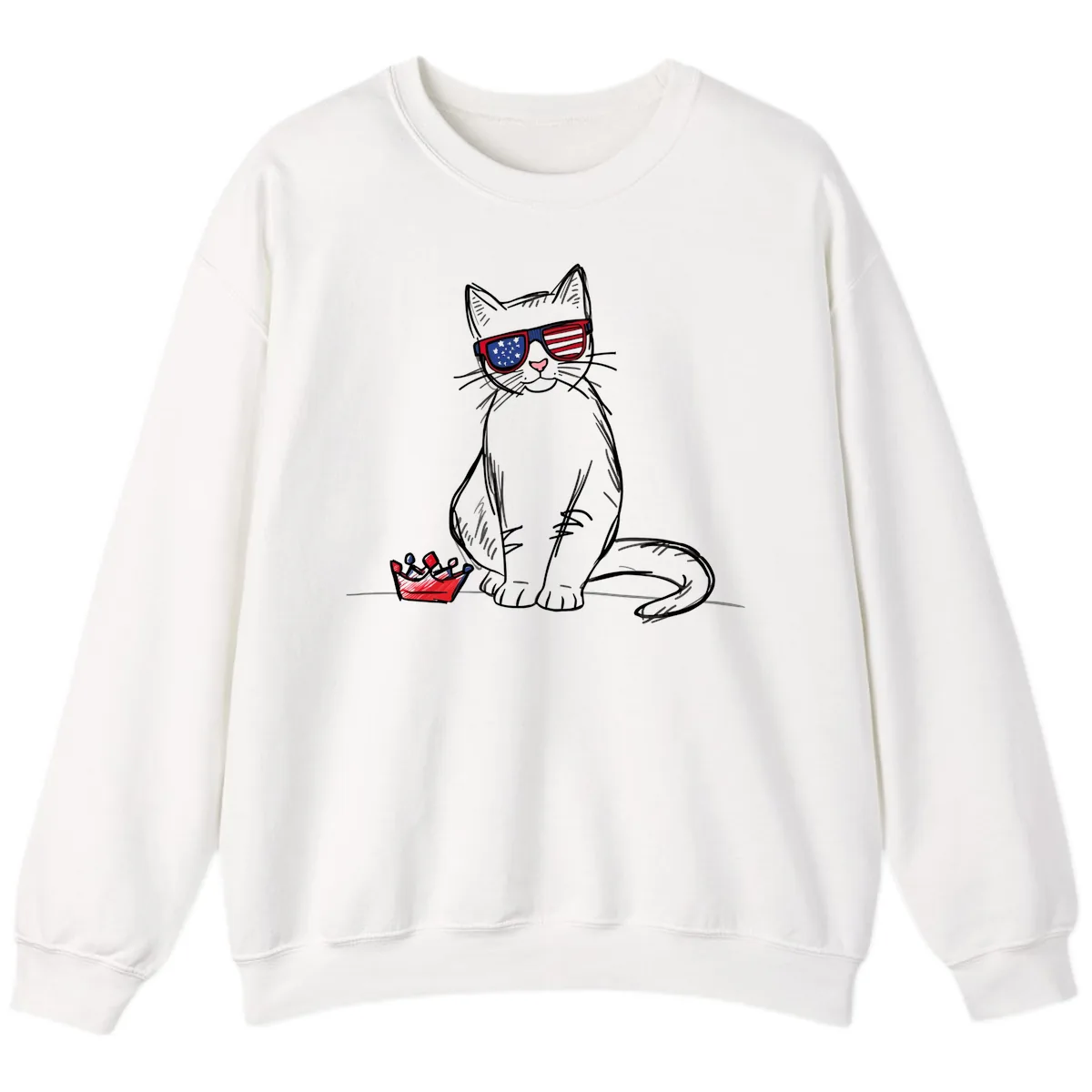Patriotic Cat with Star-Spangled Sunglasses Sweatshirt in White