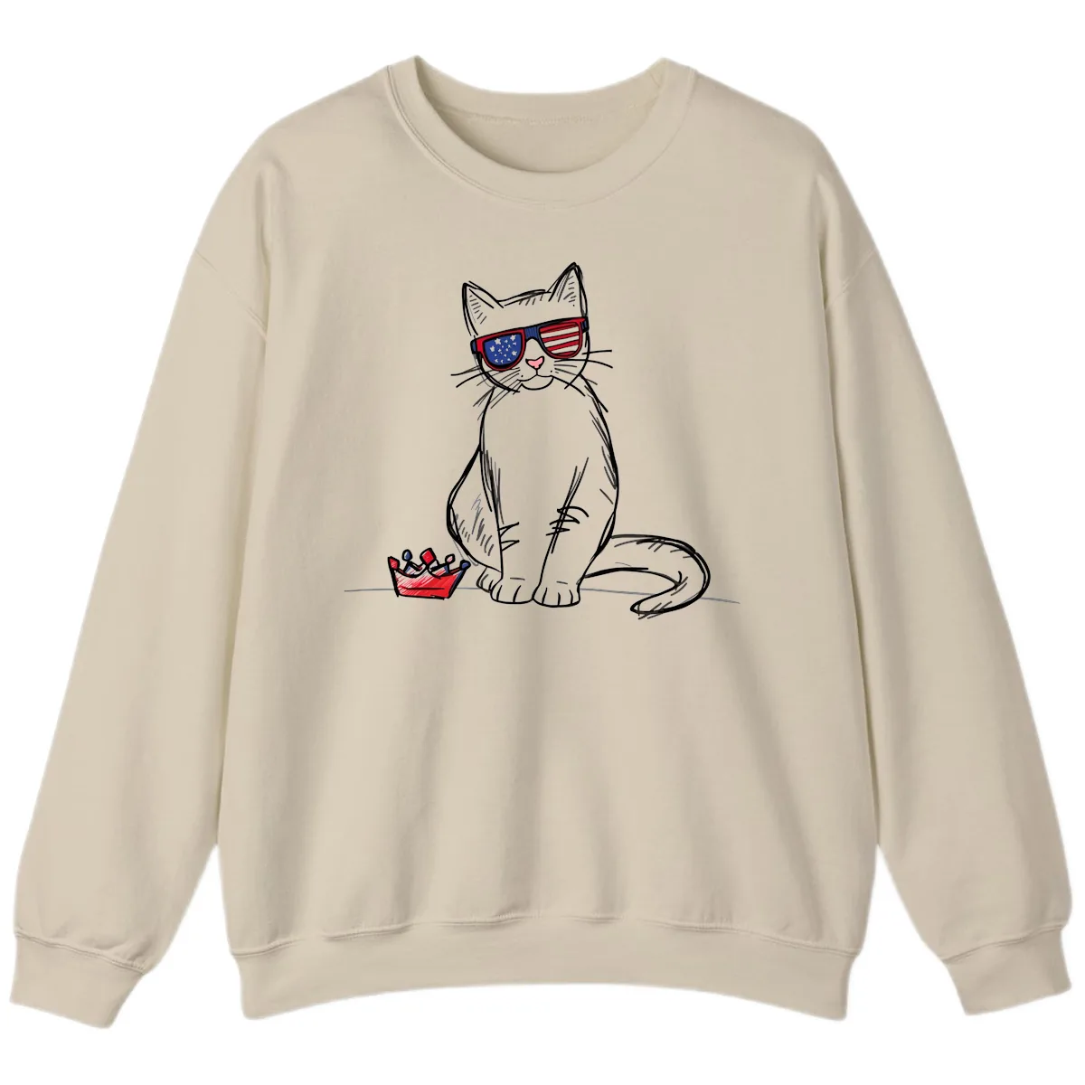 Patriotic Cat with Star-Spangled Sunglasses Sweatshirt in Sand