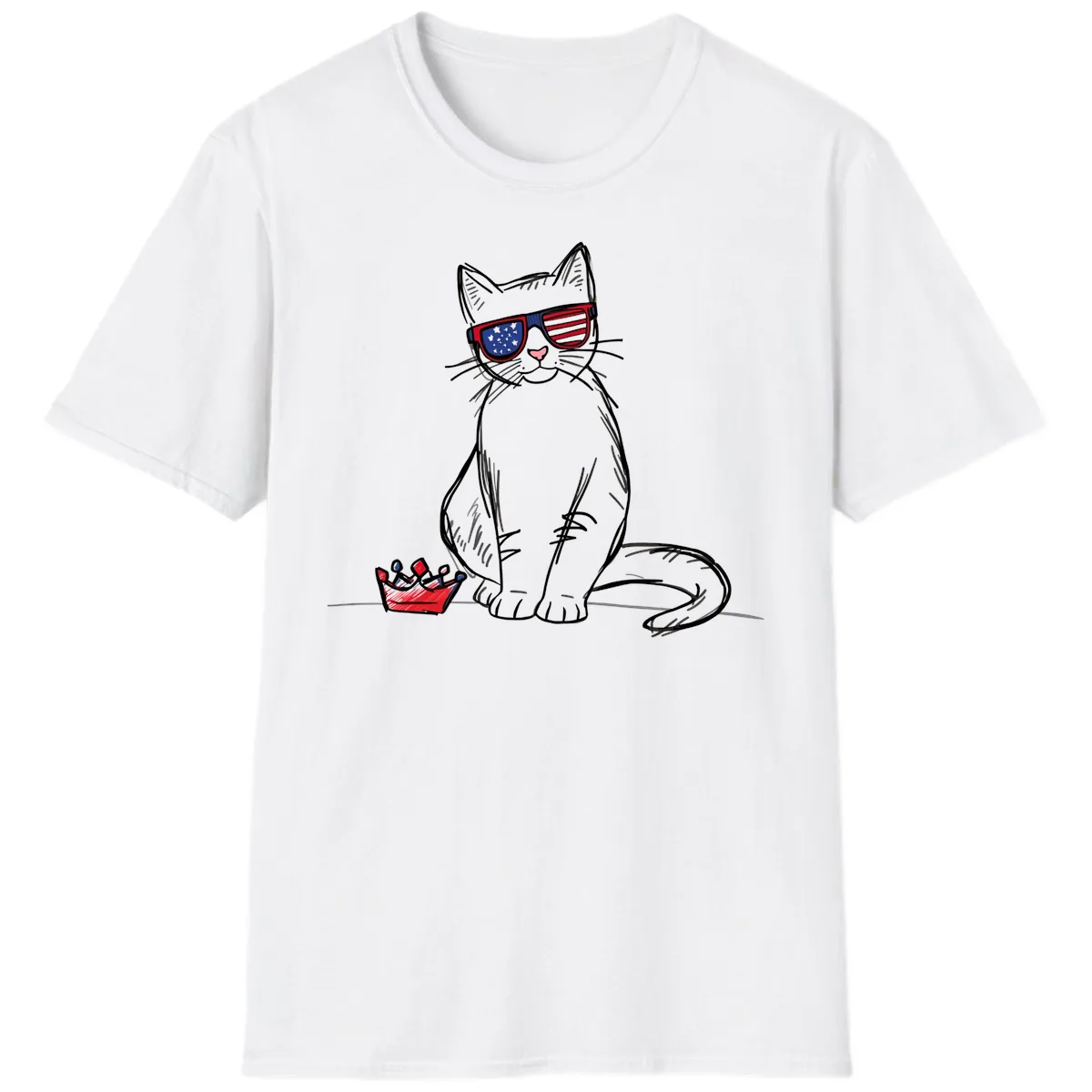 Patriotic Cat with Star-Spangled Sunglasses T-Shirt in White