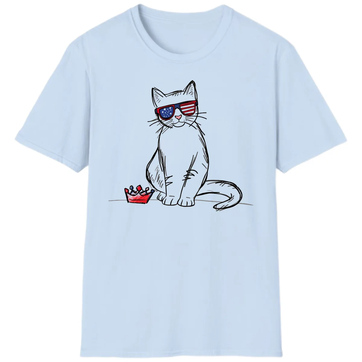 Patriotic Cat with Star-Spangled Sunglasses T-Shirt in Light Blue