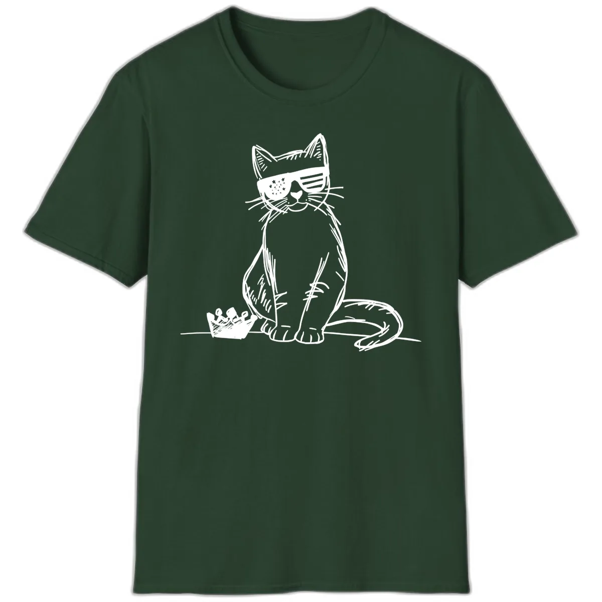 Patriotic Cat with Star-Spangled Sunglasses T-Shirt in Forest Green