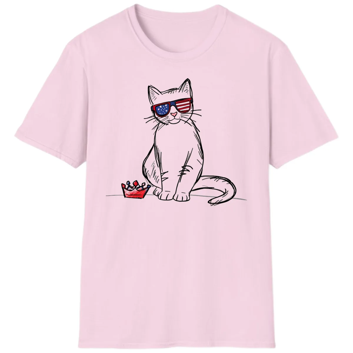 Patriotic Cat with Star-Spangled Sunglasses T-Shirt in Light Pink