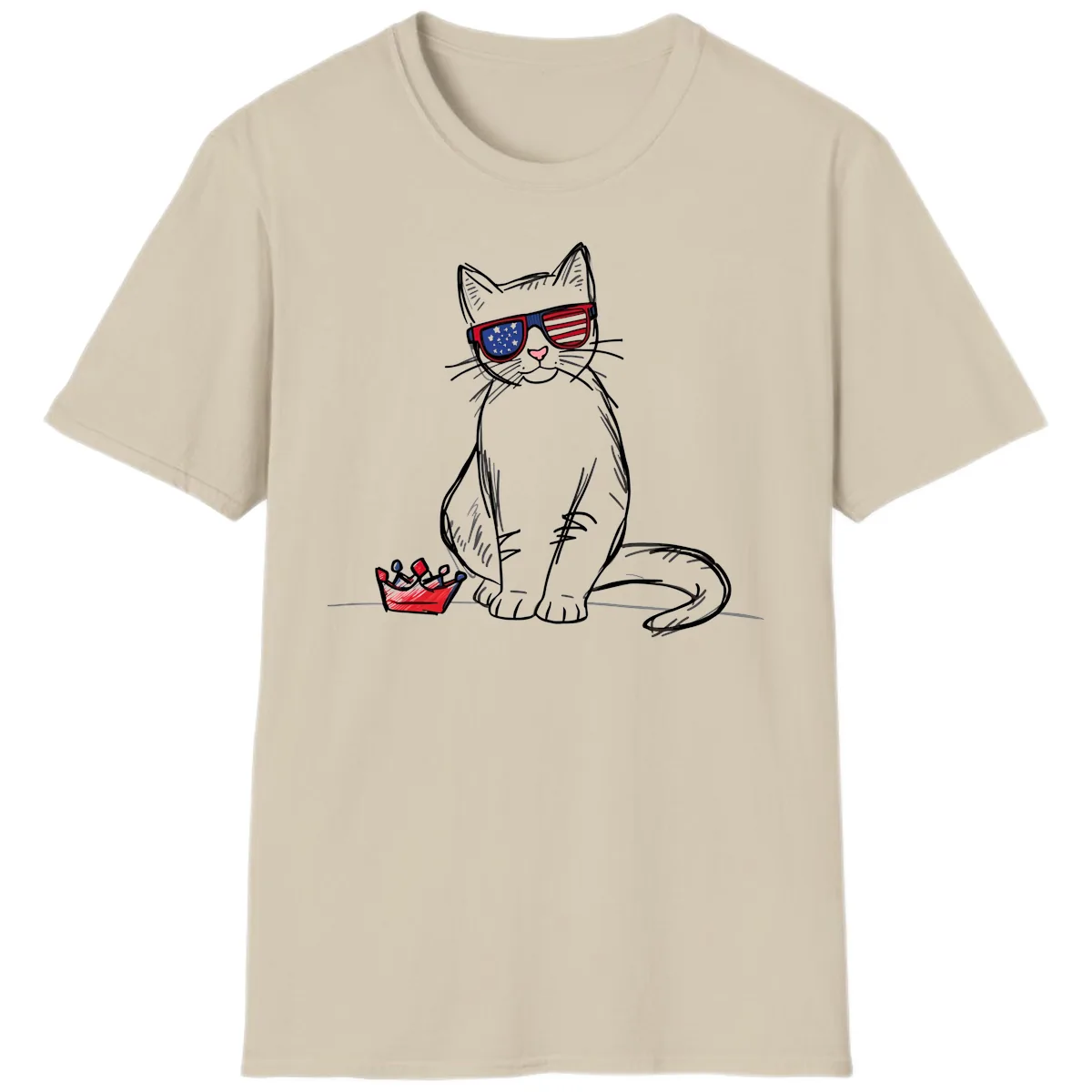Patriotic Cat with Star-Spangled Sunglasses T-Shirt in Sand