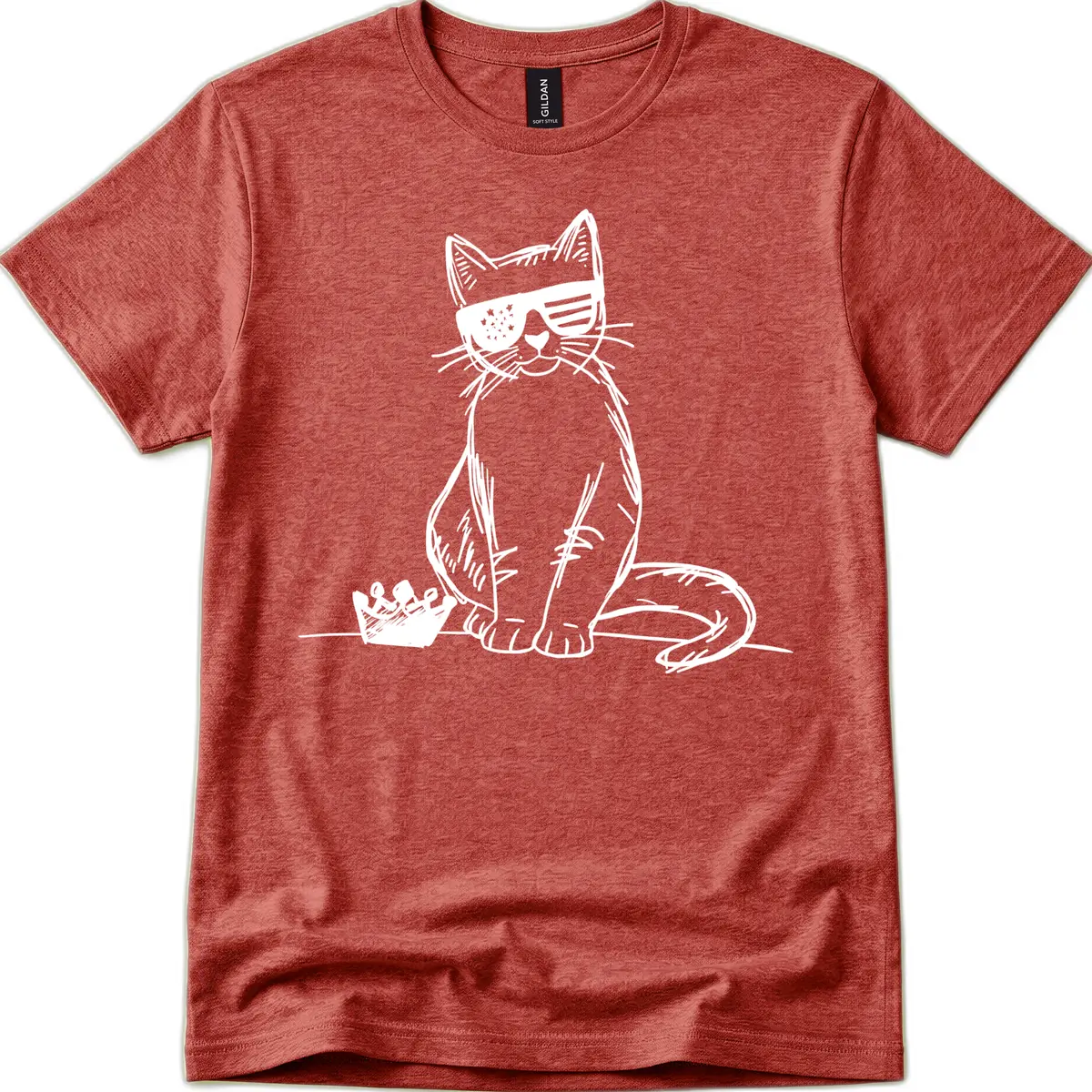 Patriotic Cat with Star-Spangled Sunglasses T-Shirt in Heather Cardinal