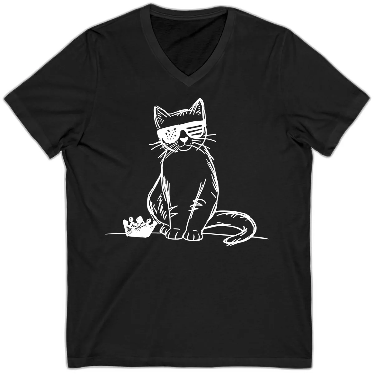 Patriotic Cat with Star-Spangled Sunglasses V-Neck in Black