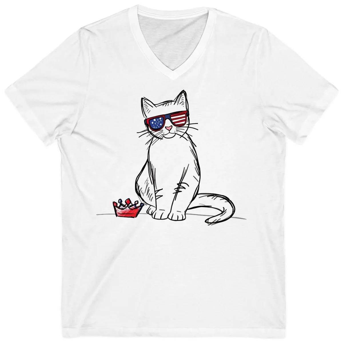 Patriotic Cat with Star-Spangled Sunglasses V-Neck in White