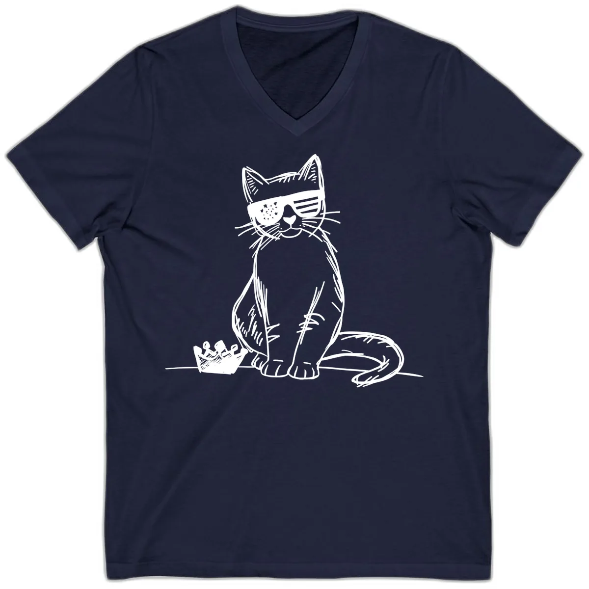 Patriotic Cat with Star-Spangled Sunglasses V-Neck in Navy