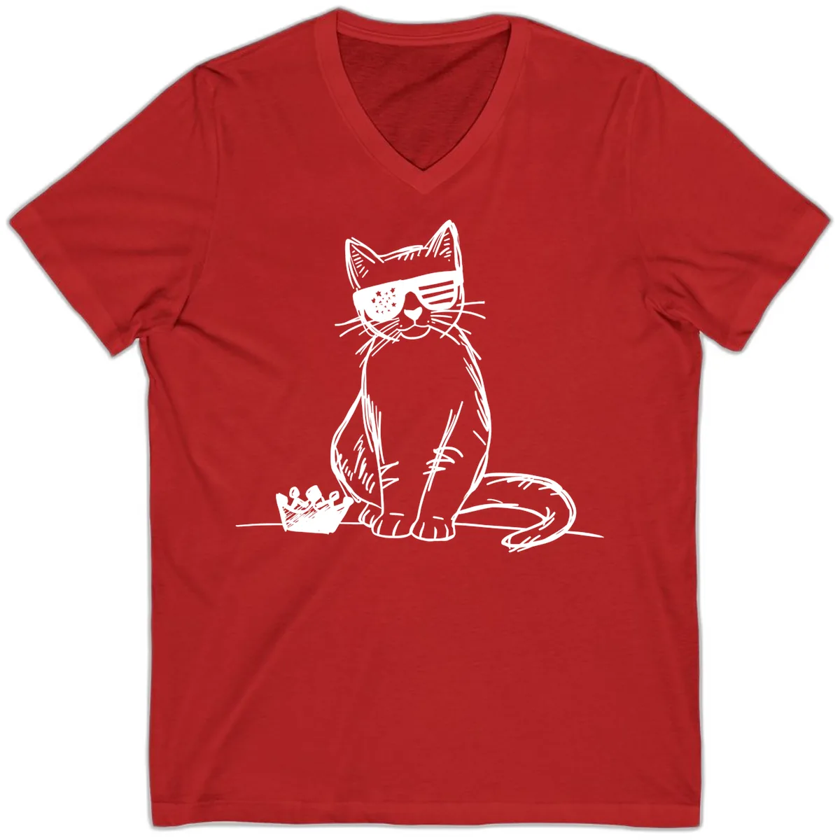Patriotic Cat with Star-Spangled Sunglasses V-Neck in Red