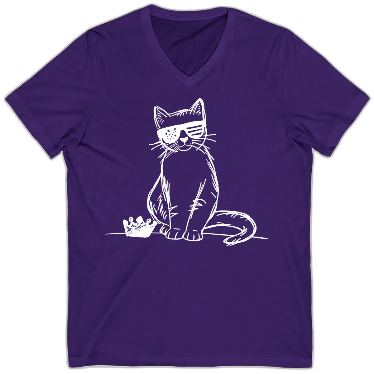 Patriotic Cat with Star-Spangled Sunglasses V-Neck in Team Purple