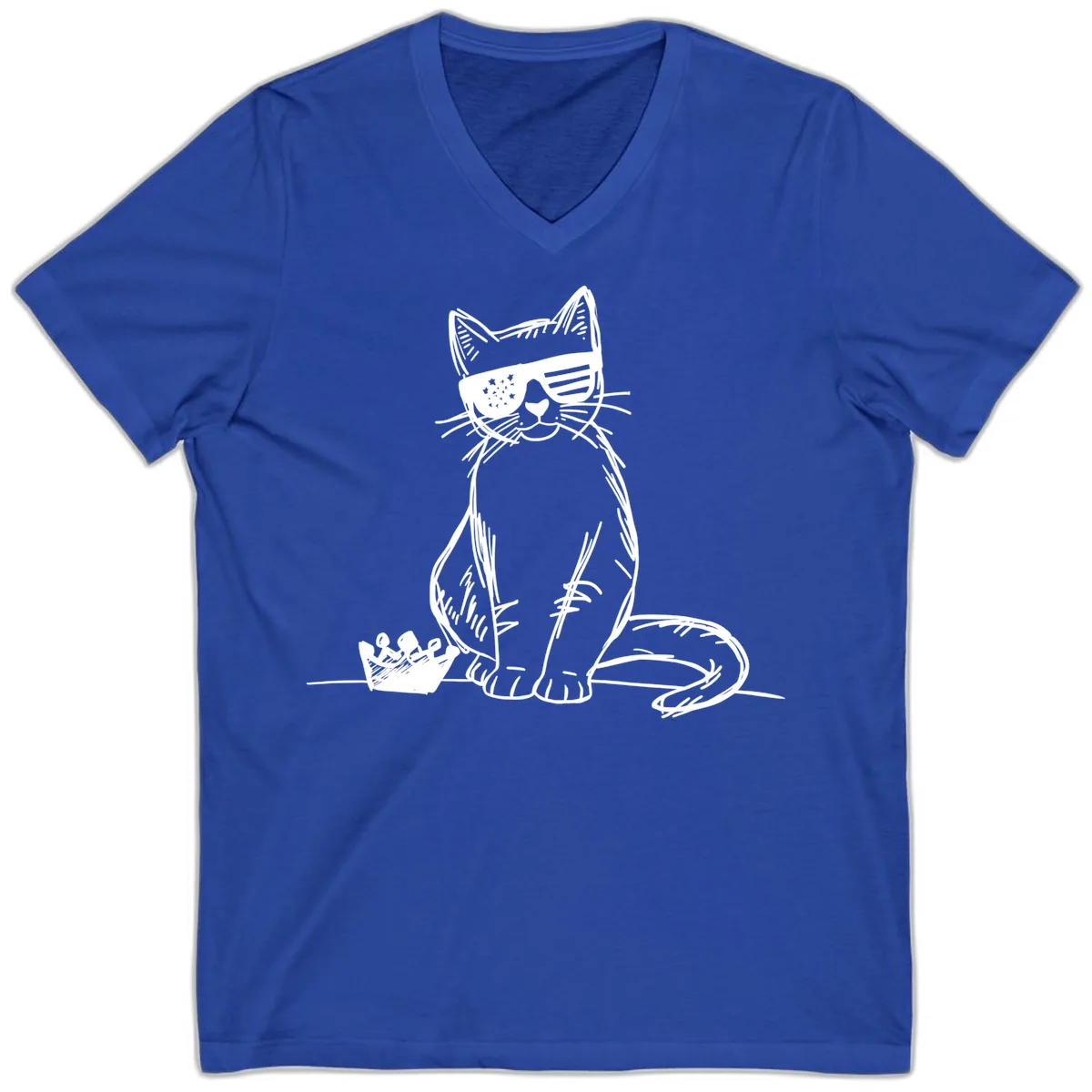 Patriotic Cat with Star-Spangled Sunglasses V-Neck in True Royal