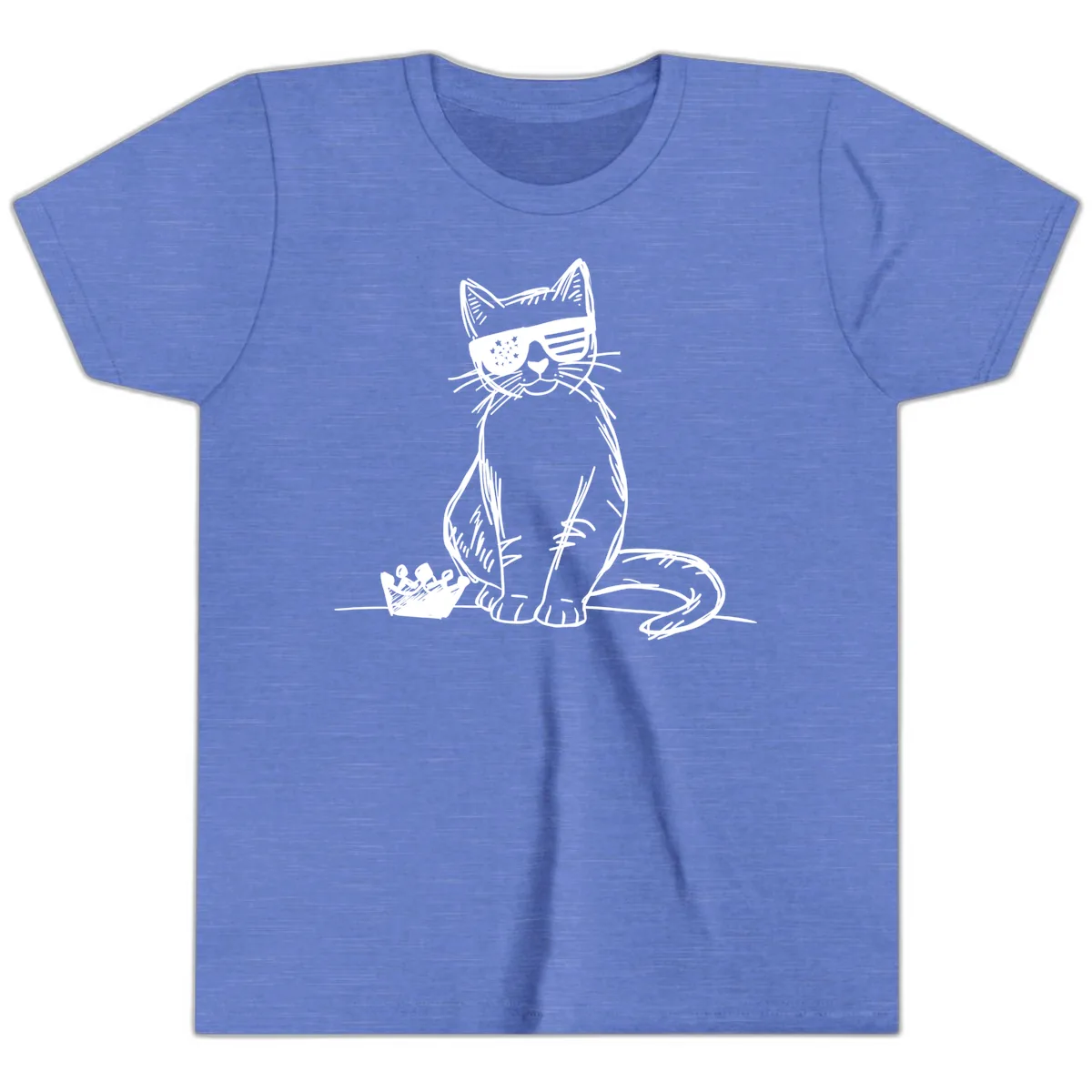 Patriotic Cat with Star-Spangled Sunglasses Youth T-Shirt in Heather Columbia Blue