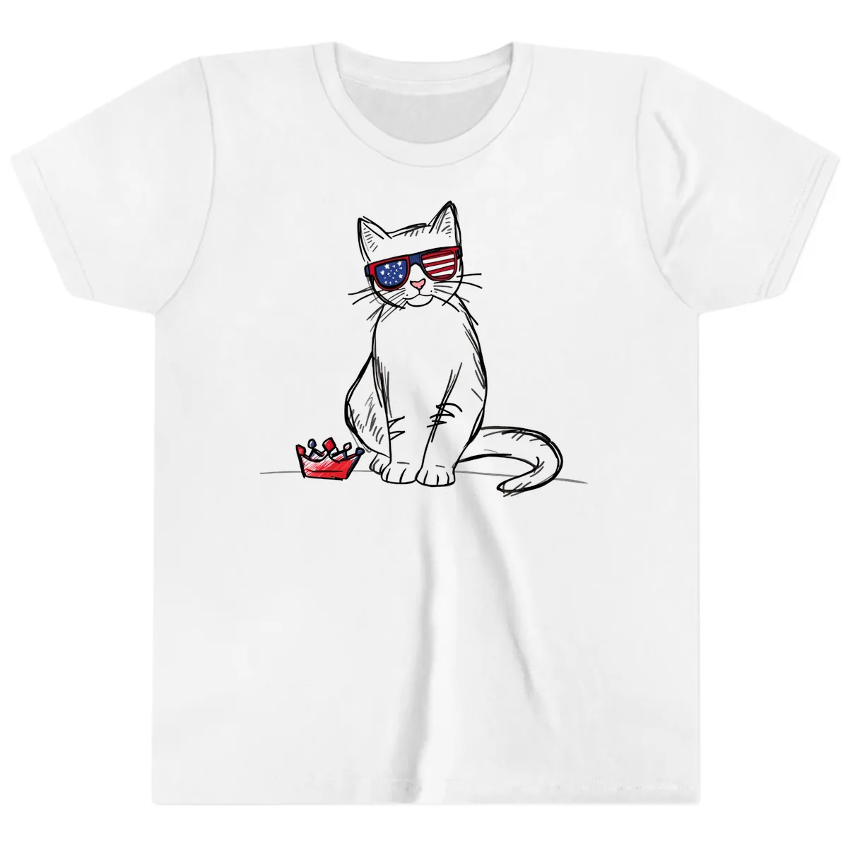 Patriotic Cat with Star-Spangled Sunglasses Youth T-Shirt in White