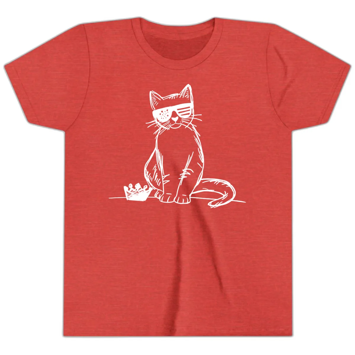 Patriotic Cat with Star-Spangled Sunglasses Youth T-Shirt in Heather Red