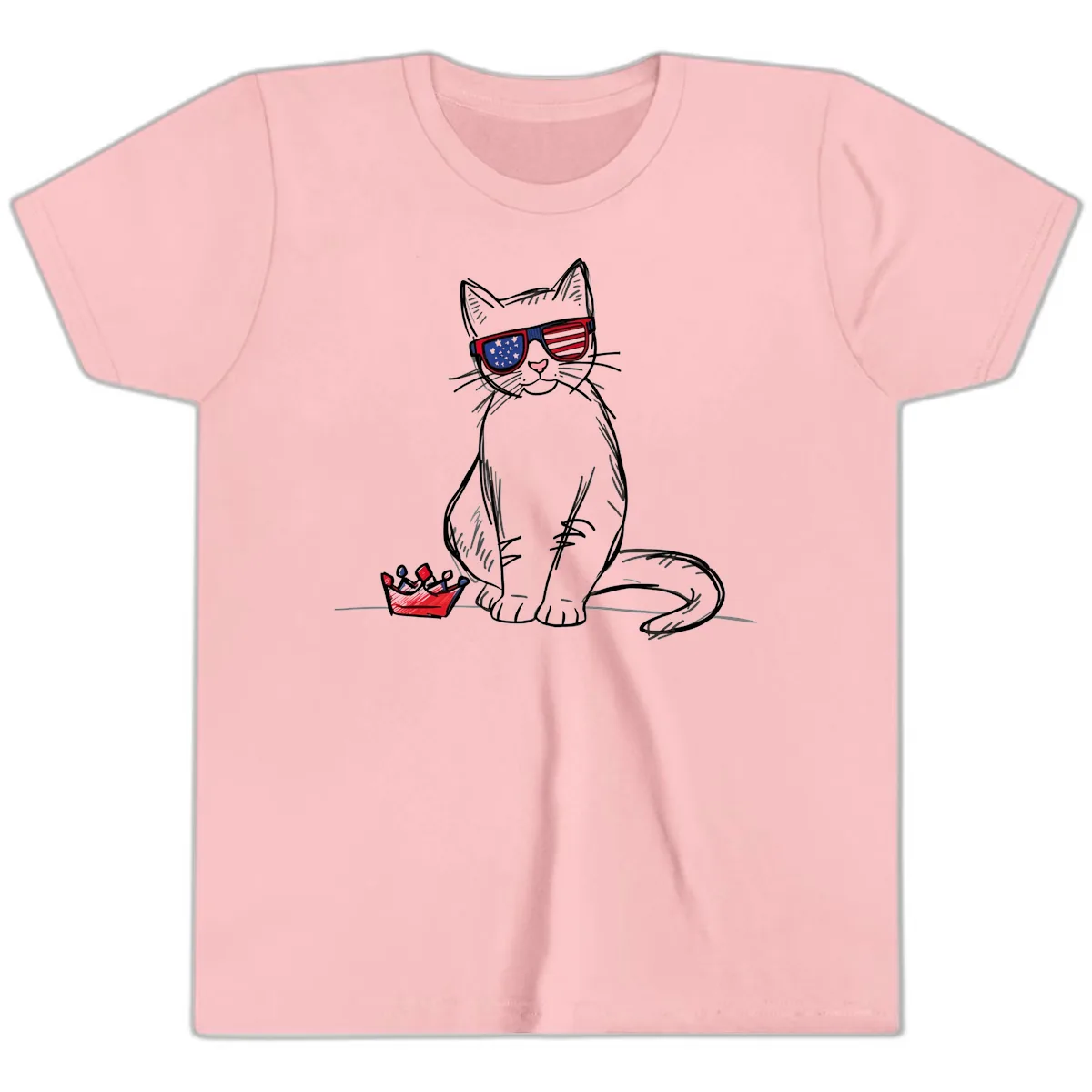 Patriotic Cat with Star-Spangled Sunglasses Youth T-Shirt in Pink
