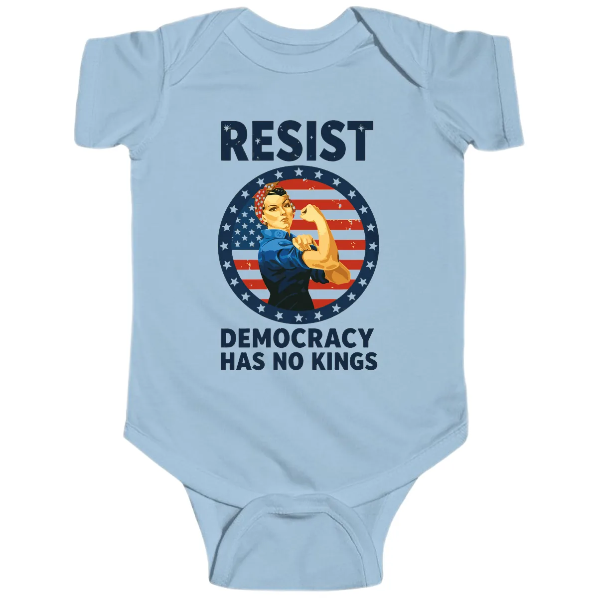 Resist Democracy Has No Kings Rosie Design Baby Onesie in Light Blue