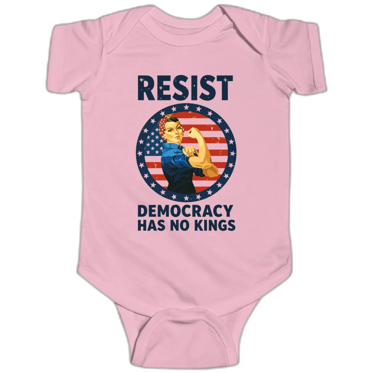 Resist Democracy Has No Kings Rosie Design Baby Onesie in Pink