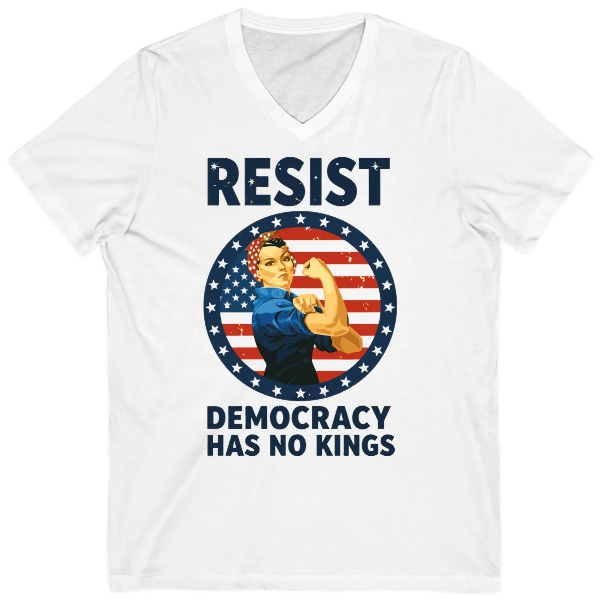 Resist Democracy Has No Kings Rosie Design V-Neck in White