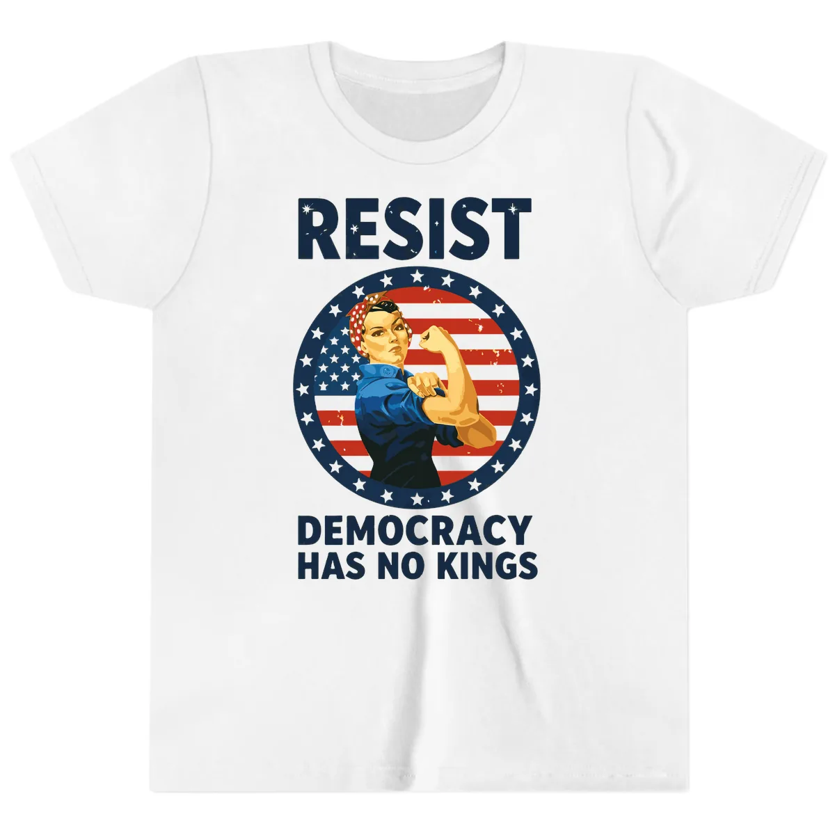 Resist Democracy Has No Kings Rosie Design Youth T-Shirt in White