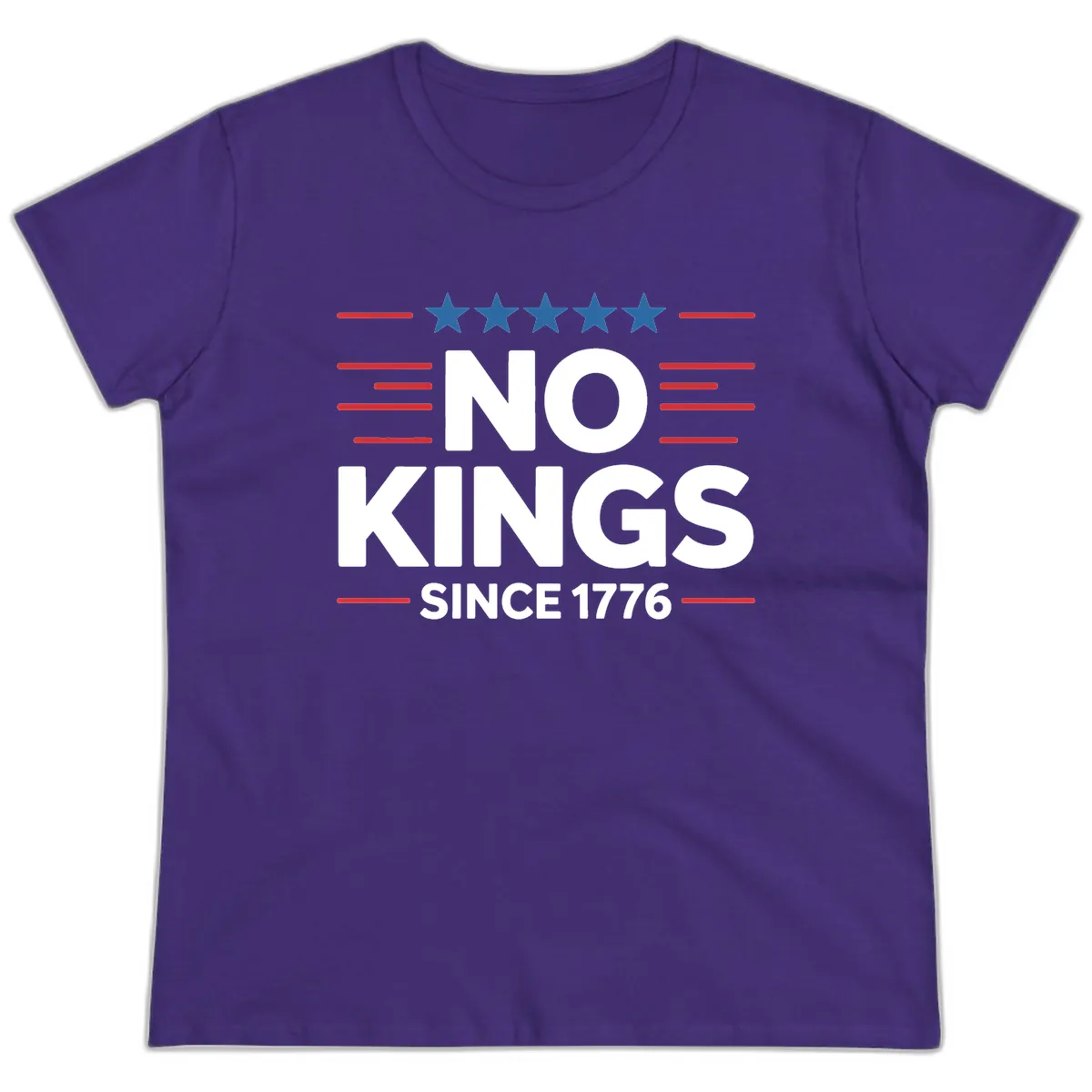 No Kings Since 1776 Patriotic Stars and Stripes Ladies Tee in Purple