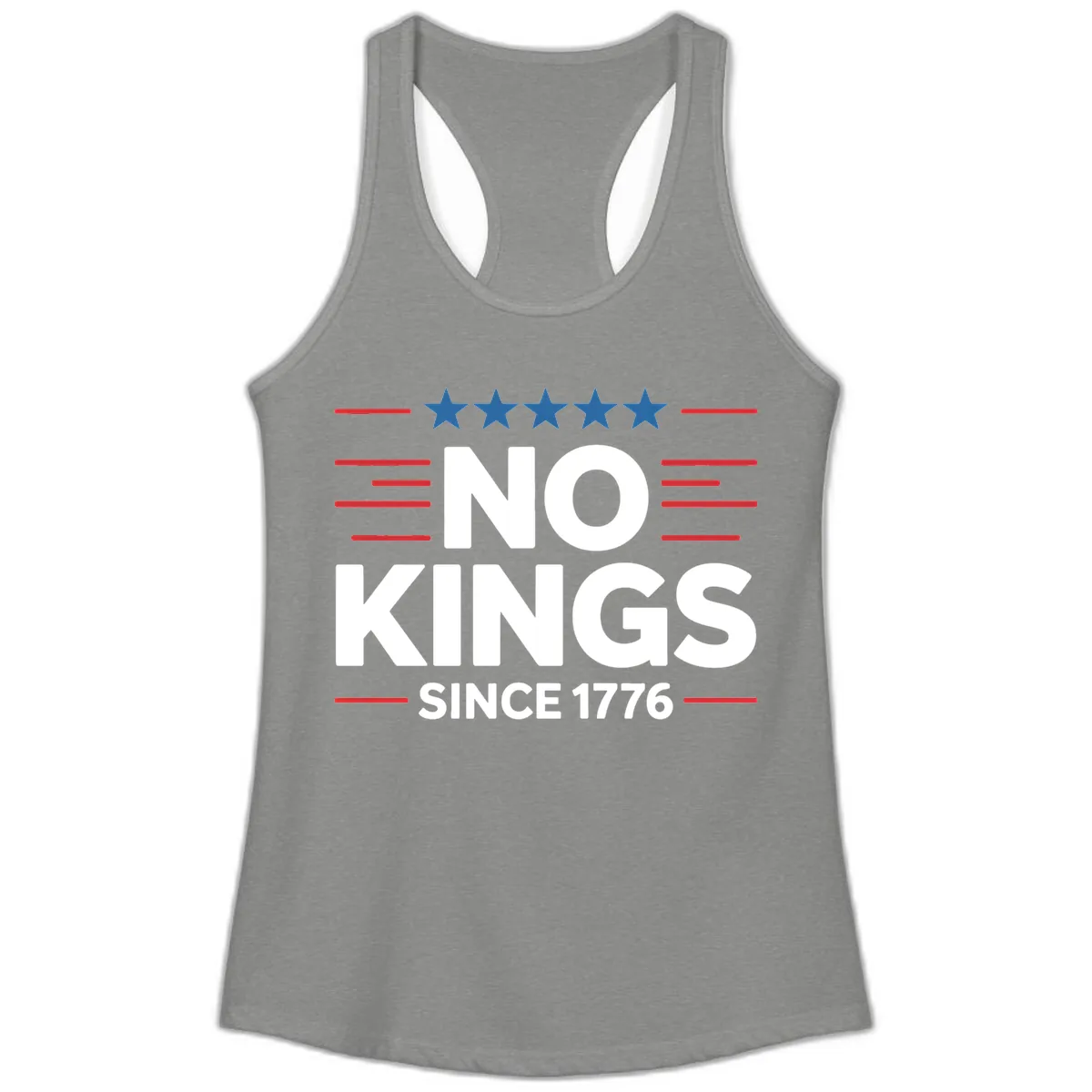 No Kings Since 1776 Patriotic Stars and Stripes Ladies Tank in Heather Grey
