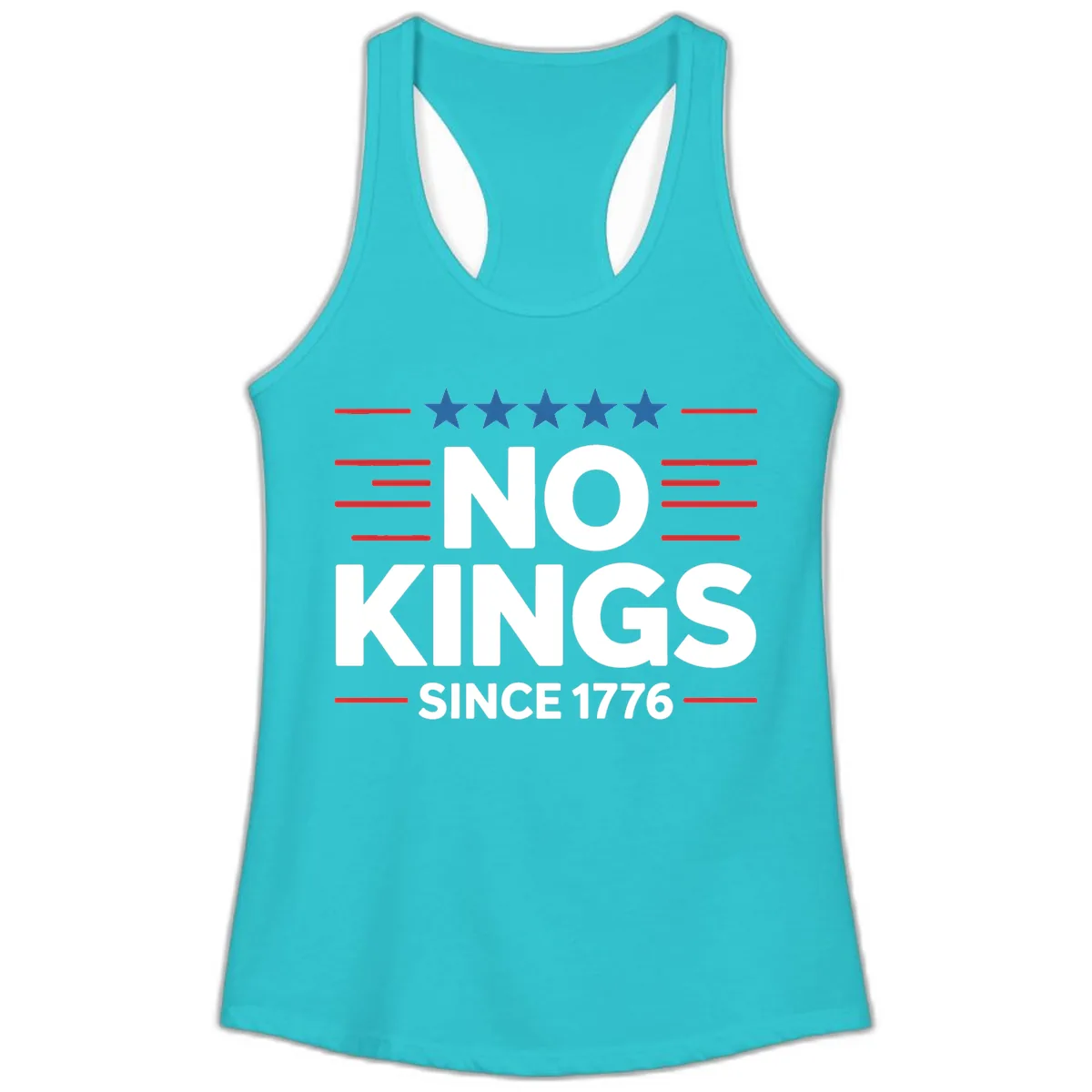 No Kings Since 1776 Patriotic Stars and Stripes Ladies Tank in Solid Tahiti Blue