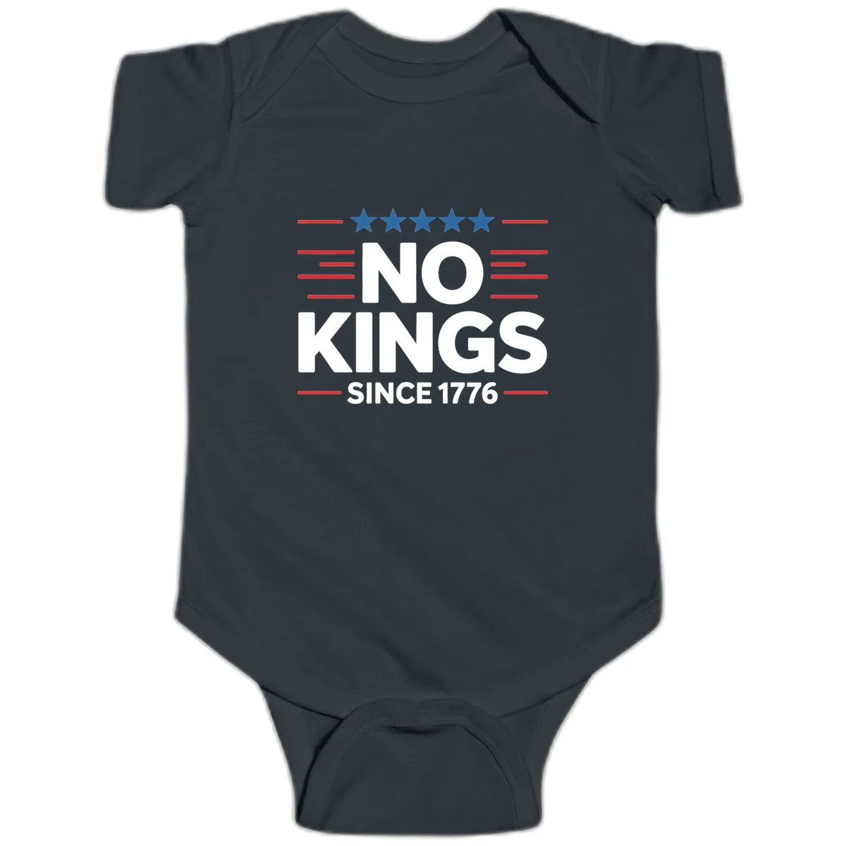 No Kings Since 1776 Patriotic Stars and Stripes Baby Onesie in Black