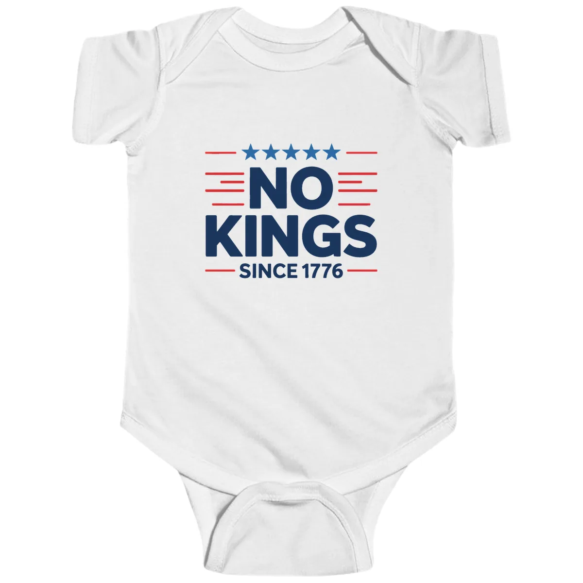 No Kings Since 1776 Patriotic Stars and Stripes Baby Onesie in White