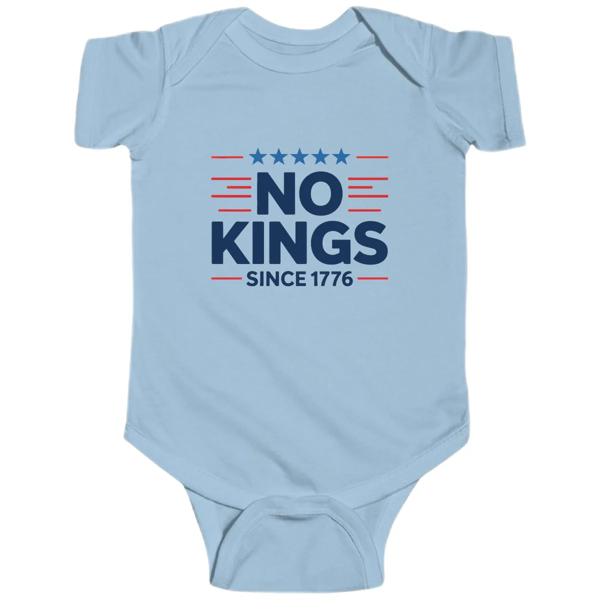 No Kings Since 1776 Patriotic Stars and Stripes Baby Onesie in Light Blue