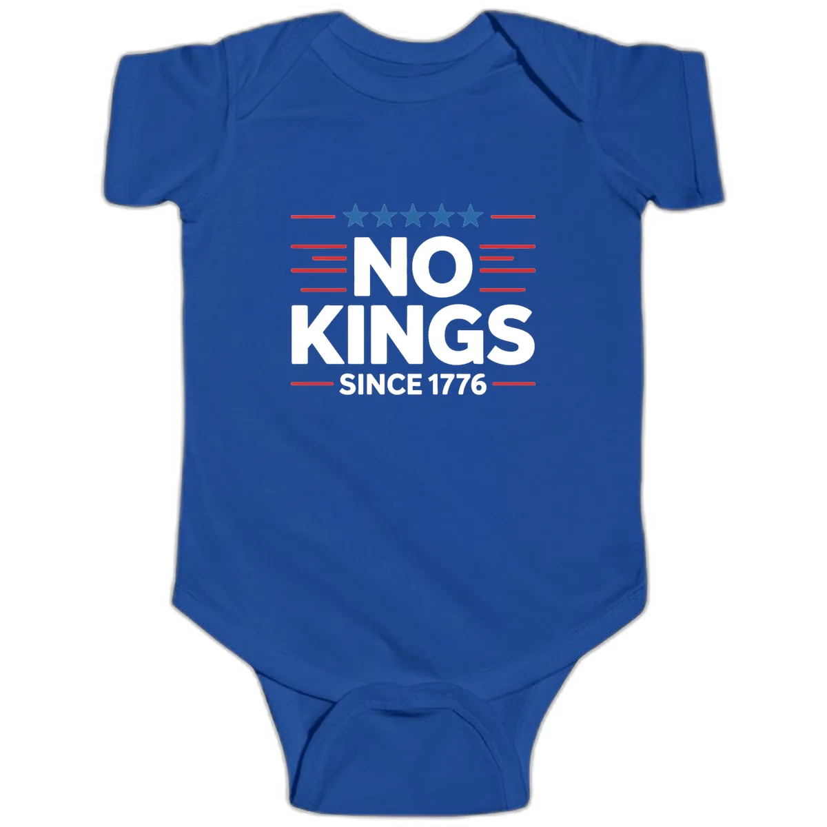 No Kings Since 1776 Patriotic Stars and Stripes Baby Onesie in Royal