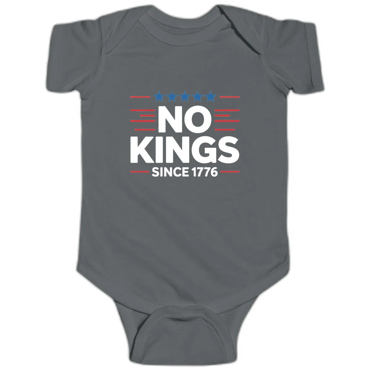 No Kings Since 1776 Patriotic Stars and Stripes Baby Onesie in Charcoal