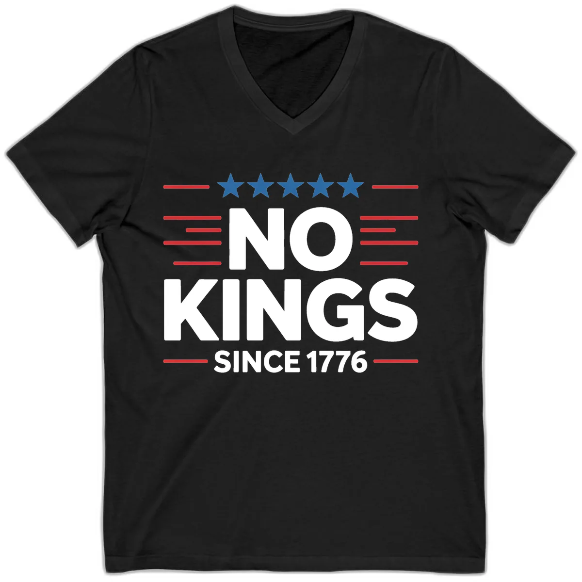 No Kings Since 1776 Patriotic Stars and Stripes V-Neck in Black