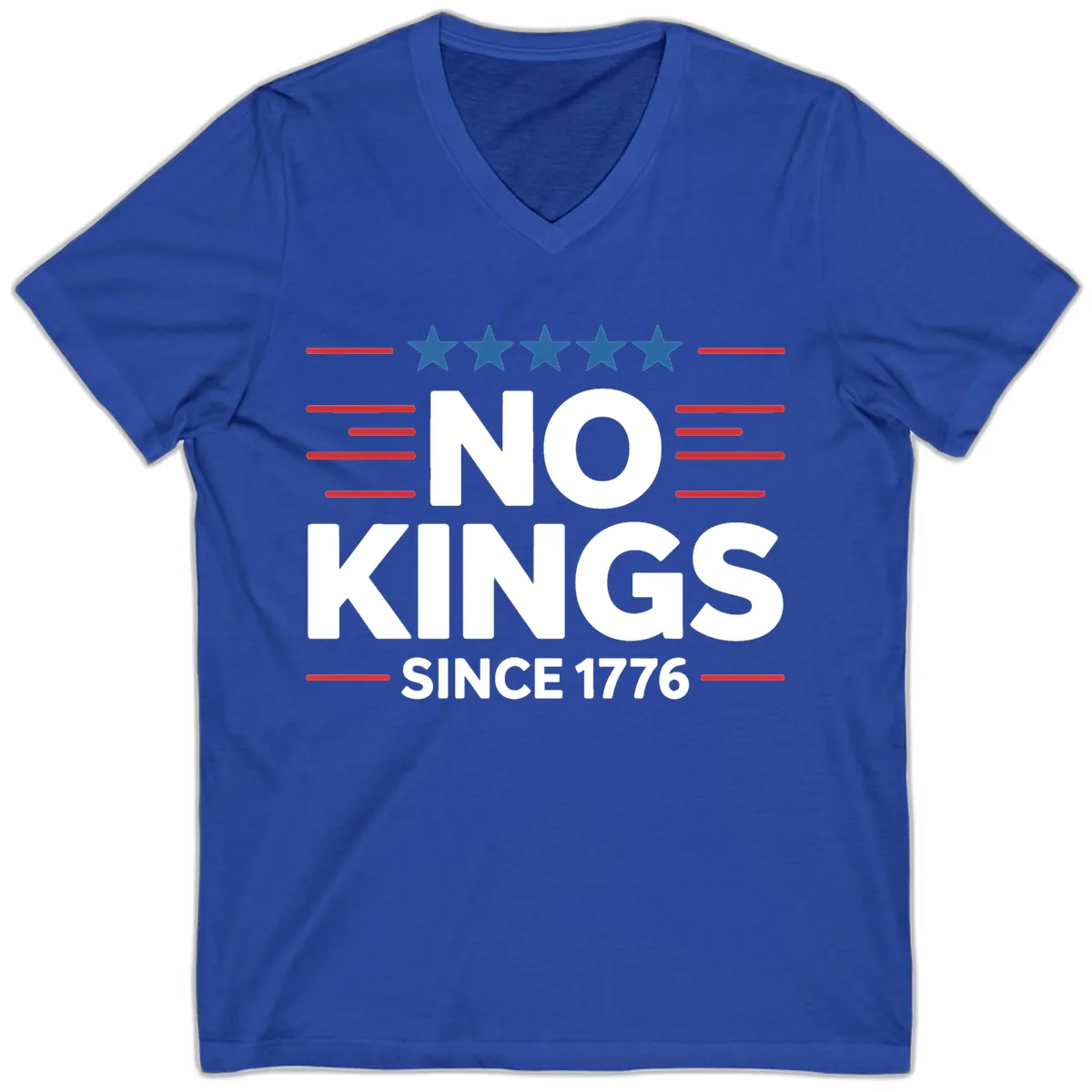 No Kings Since 1776 Patriotic Stars and Stripes V-Neck in True Royal