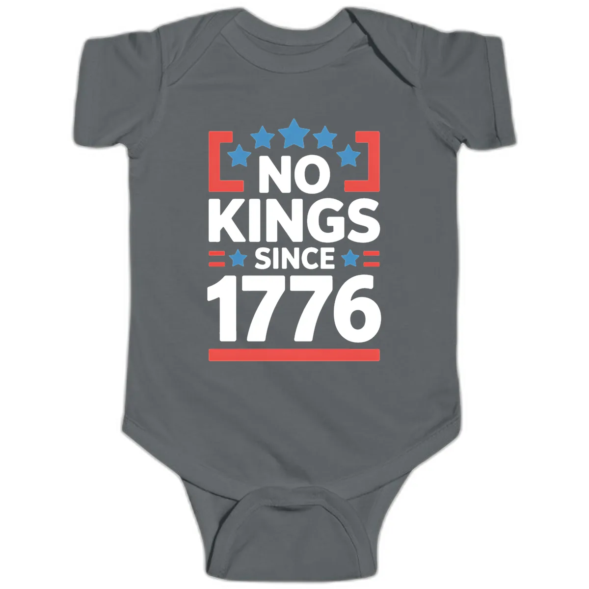No Kings Since 1776 Patriotic Stars Design Baby Onesie in Charcoal