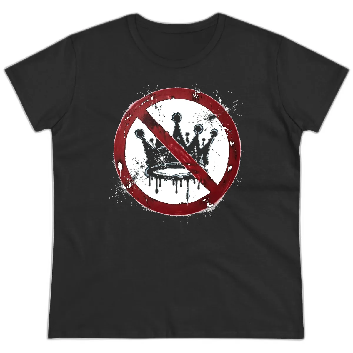 No Crown Anti-Monarchy Protest Symbol Art Ladies Tee in Black