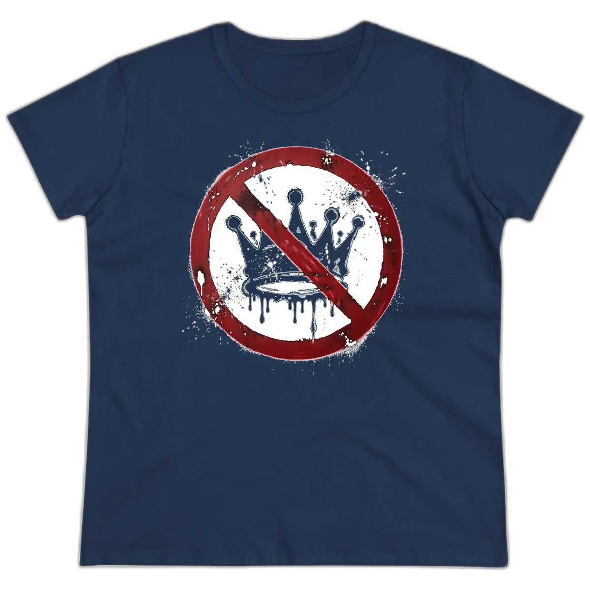 No Crown Anti-Monarchy Protest Symbol Art Ladies Tee in Navy